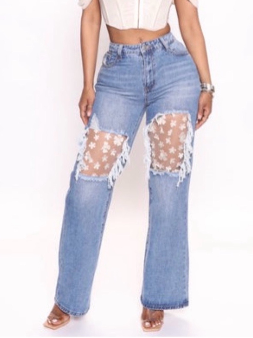 Fresh As A Daisy Floral Straight Leg Jeans Size L 12/13